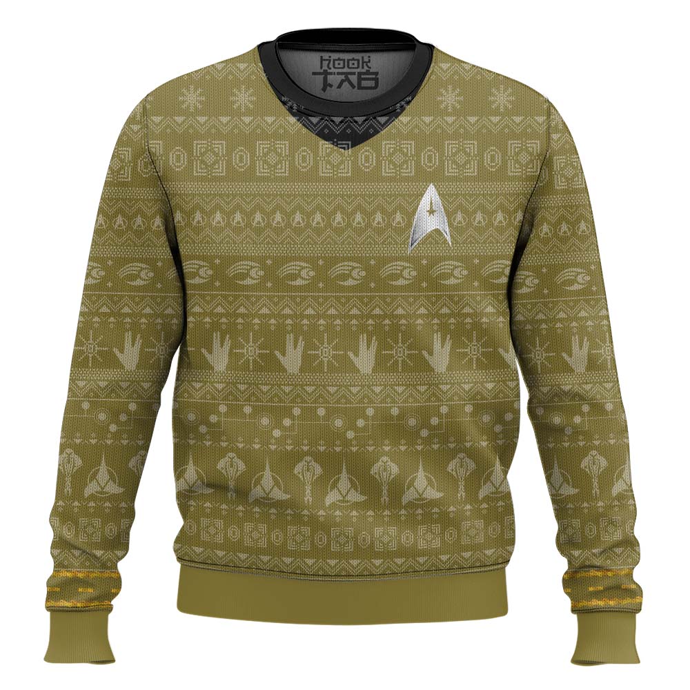 Hooktab Star Trek 1966 Yellow Ugly Christmas Sweater Hooktab Star Trek 1966 Yellow Ugly Christmas Sweater