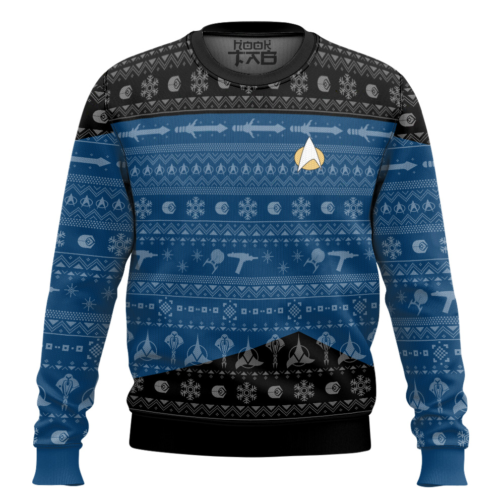 Hooktab Star Trek 1987 Dark Blue Ugly Christmas Sweater Hooktab Star Trek 1987 Dark Blue Ugly Christmas Sweater