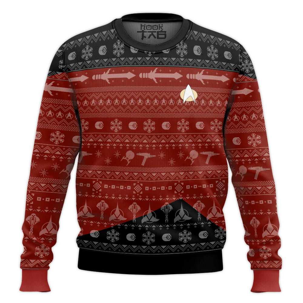Hooktab Star Trek 1987 Red Ugly Christmas Sweater Hooktab Star Trek 1987 Red Ugly Christmas Sweater