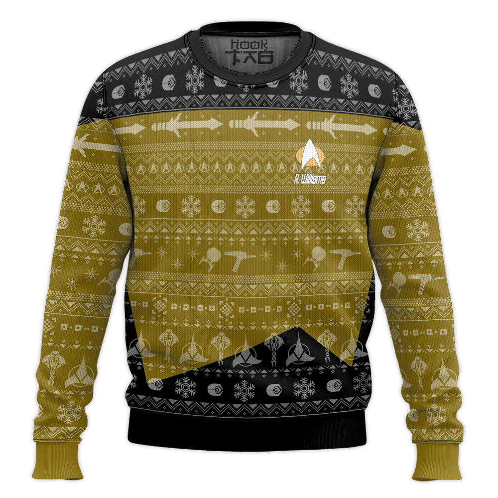 Hooktab Star Trek 1987 Yellow - Custom Name Ugly Christmas Sweater Hooktab Star Trek 1987 Yellow - Custom Name Ugly Christmas Sweater