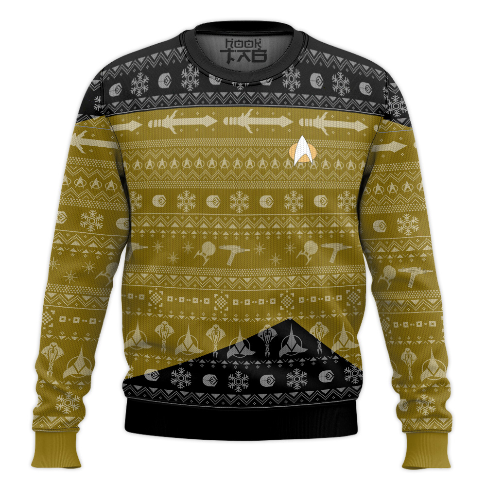 Hooktab Star Trek 1987 Yellow Ugly Christmas Sweater Hooktab Star Trek 1987 Yellow Ugly Christmas Sweater