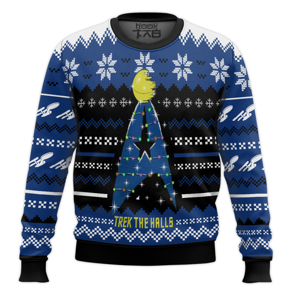 Hooktab Star Trek The Halls Blue Ugly Christmas Sweater Hooktab Star Trek The Halls Blue Ugly Christmas Sweater
