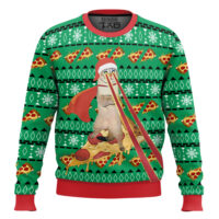 Hooktab Super Cat Riding Pizza Ugly Christmas Sweater