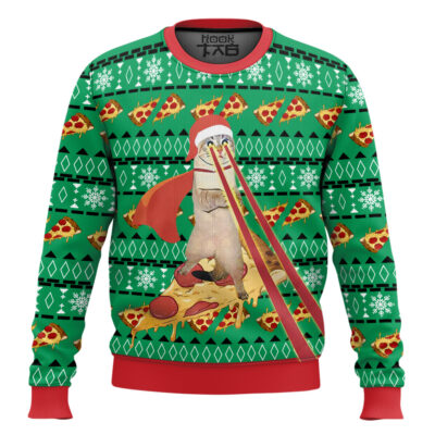 Super Cat Riding Pizza Ugly Christmas Sweater