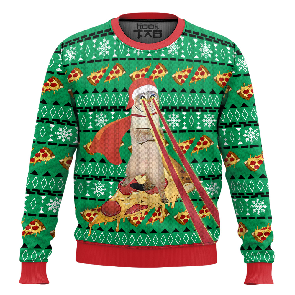 Hooktab Super Cat Riding Pizza Ugly Christmas Sweater Hooktab Super Cat Riding Pizza Ugly Christmas Sweater