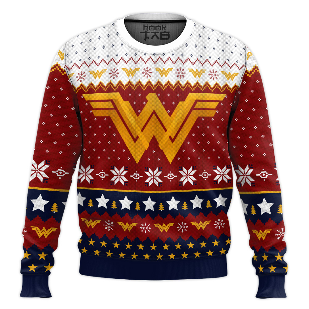 Hooktab Super Heroes Wonder Woman Ugly Christmas Sweater Hooktab Super Heroes Wonder Woman Ugly Christmas Sweater
