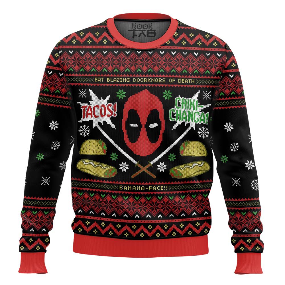 Hooktab Tacos! Chiki-changa! Deadpool Ugly Christmas Sweater Hooktab Tacos! Chiki-changa! Deadpool Ugly Christmas Sweater
