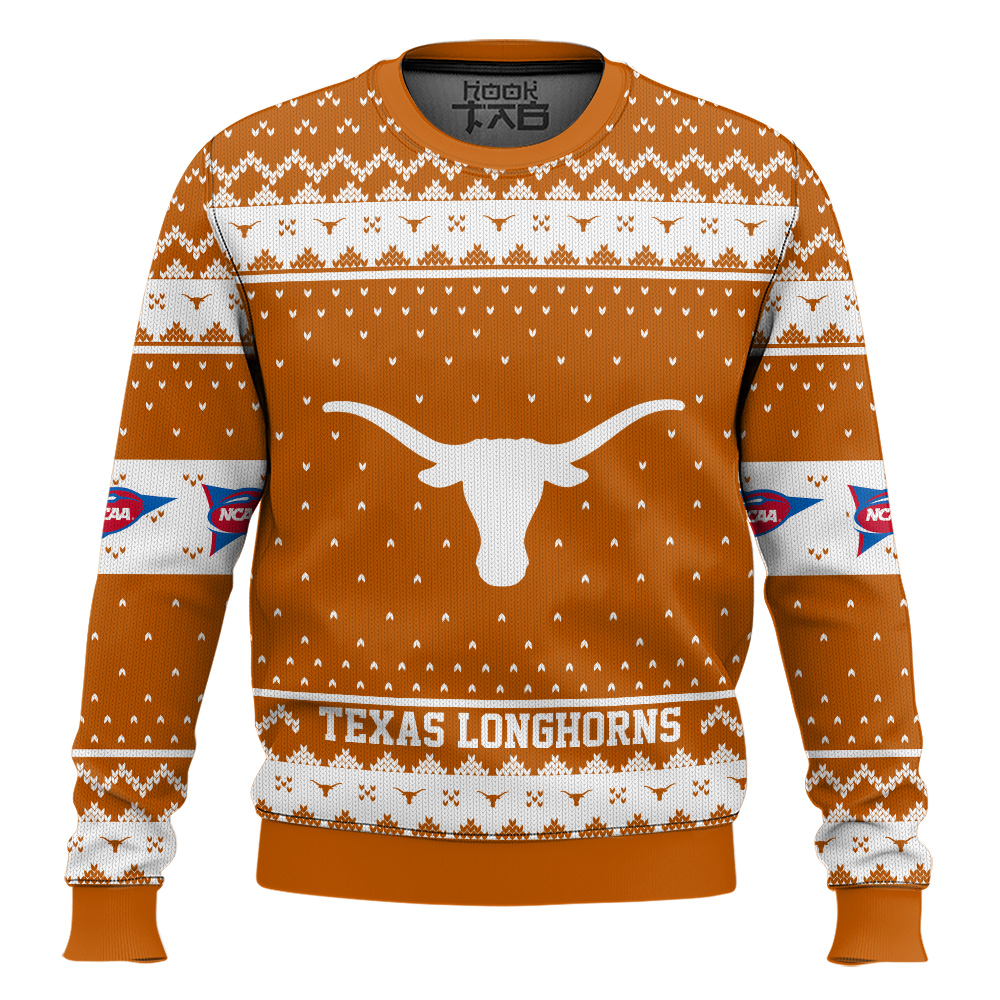 Hooktab Texas Longhorns - Custom Name And Number Ugly Christmas Sweater Hooktab Texas Longhorns - Custom Name And Number Ugly Christmas Sweater