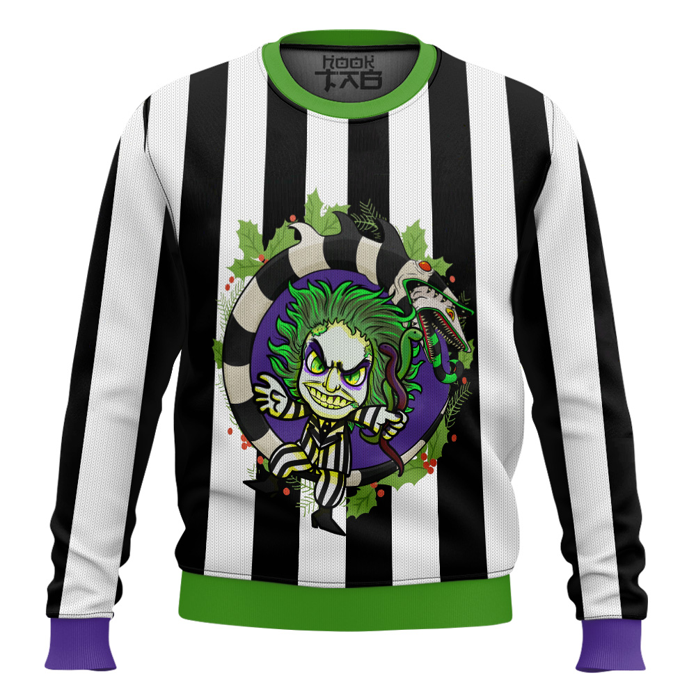 Hooktab Tiny Beetlejuice Ugly Christmas Sweater Hooktab Tiny Beetlejuice Ugly Christmas Sweater