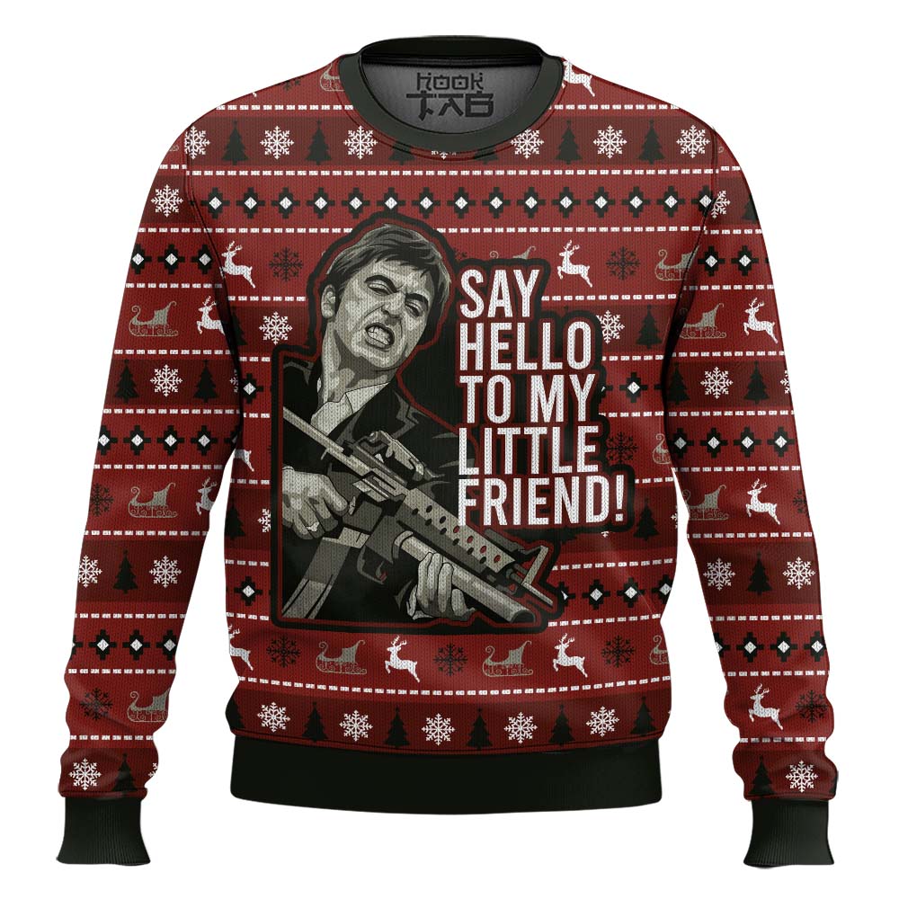 Hooktab Tony Montana Say Hello To My Little Friend Scarface Ugly Christmas Sweater Hooktab Tony Montana Say Hello To My Little Friend Scarface Ugly Christmas Sweater