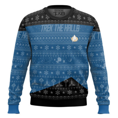 Trek The Halls Star Trek 1987 Blue Ugly Christmas Sweater