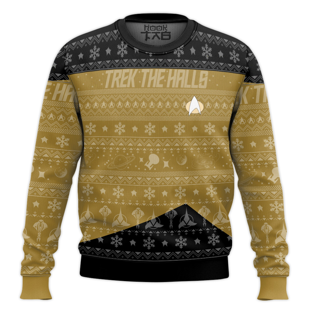 Hooktab Trek The Halls Star Trek 1987 Yellow Ugly Christmas Sweater Hooktab Trek The Halls Star Trek 1987 Yellow Ugly Christmas Sweater