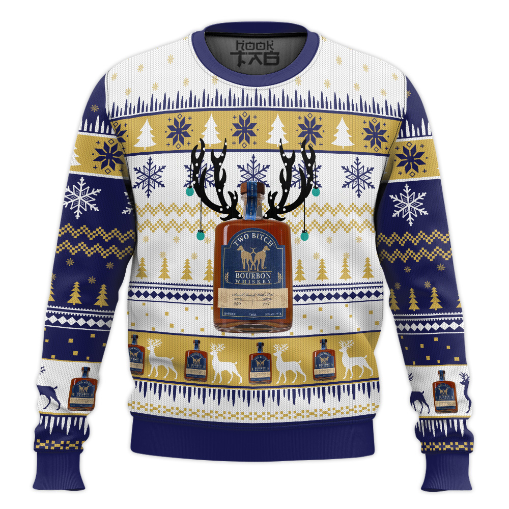 Hooktab Two Bitch Bourbon Whiskey Ugly Christmas Sweater Hooktab Two Bitch Bourbon Whiskey Ugly Christmas Sweater