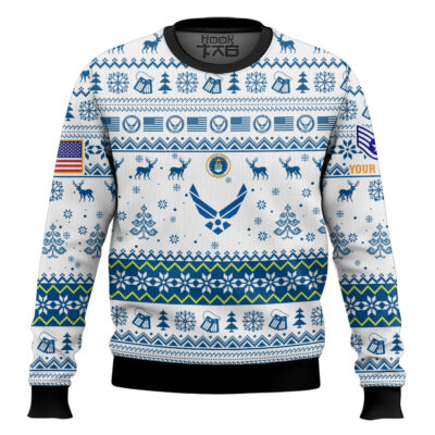 US Air Force Aim High, Fly-Fight-Win - Custom Name And Rank Ugly Sweater