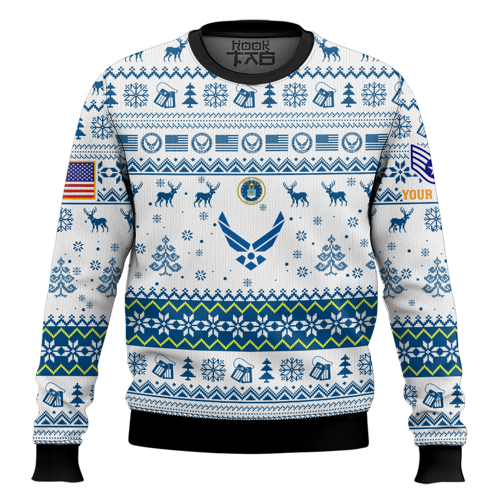 Hooktab US Air Force Aim High, Fly-Fight-Win - Custom Name And Rank Ugly Sweater Hooktab US Air Force Aim High, Fly-Fight-Win - Custom Name And Rank Ugly Sweater