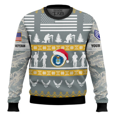 US Air Force Be Nice To Veterans Remember Santa Is Always Watching - Custom Name And Rank Ugly Sweater