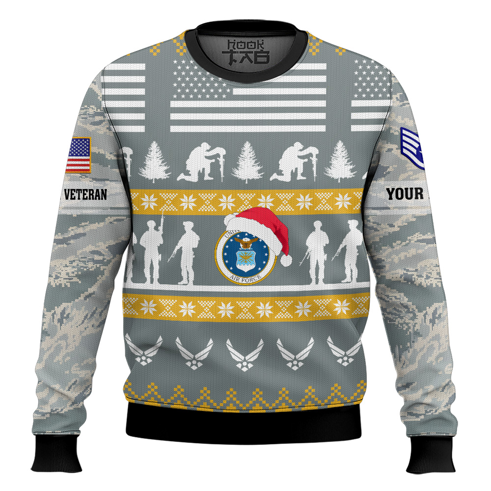 Hooktab US Air Force Be Nice To Veterans Remember Santa Is Always Watching - Custom Name And Rank Ugly Sweater Hooktab US Air Force Be Nice To Veterans Remember Santa Is Always Watching - Custom Name And Rank Ugly Sweater