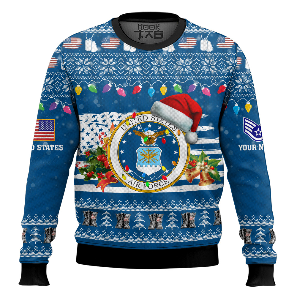 Hooktab US Air Force Have Yourself A Military Christmas - Custom Name And Rank Ugly Sweater Hooktab US Air Force Have Yourself A Military Christmas - Custom Name And Rank Ugly Sweater