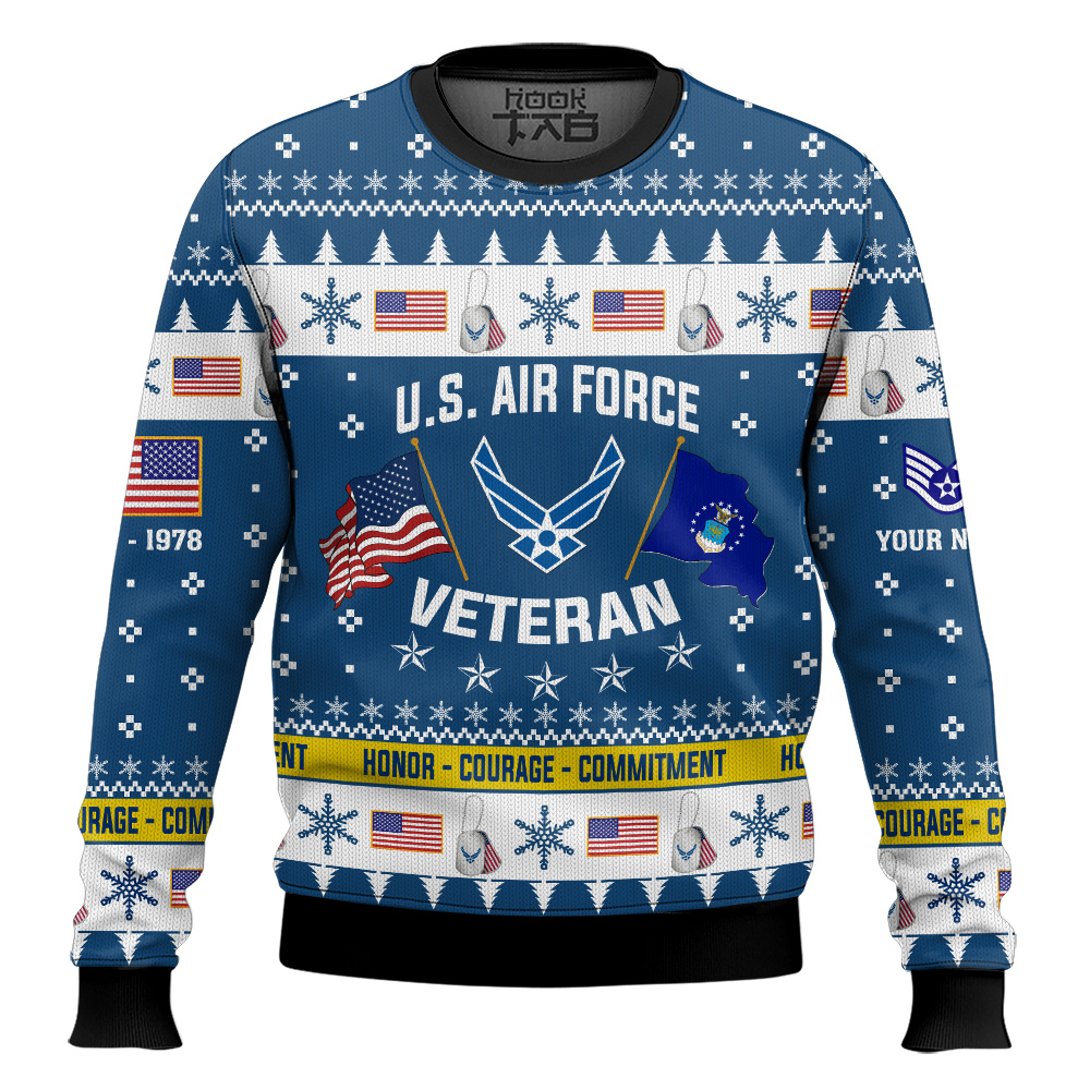 Hooktab US Air Force I Served My Country And Damn Proud Of It - Custom Name, Rank And Years Of Service Ugly Sweater Hooktab US Air Force I Served My Country And Damn Proud Of It - Custom Name, Rank And Years Of Service Ugly Sweater