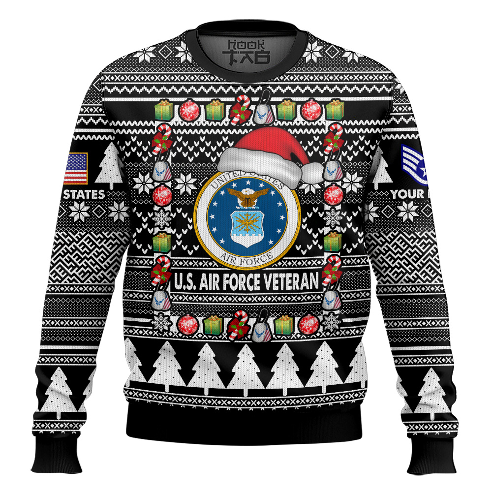 Hooktab US Air Force I'm A Veteran, Of Course I'm On The Nice List - Custom Name And Rank Ugly Sweater Hooktab US Air Force I'm A Veteran, Of Course I'm On The Nice List - Custom Name And Rank Ugly Sweater