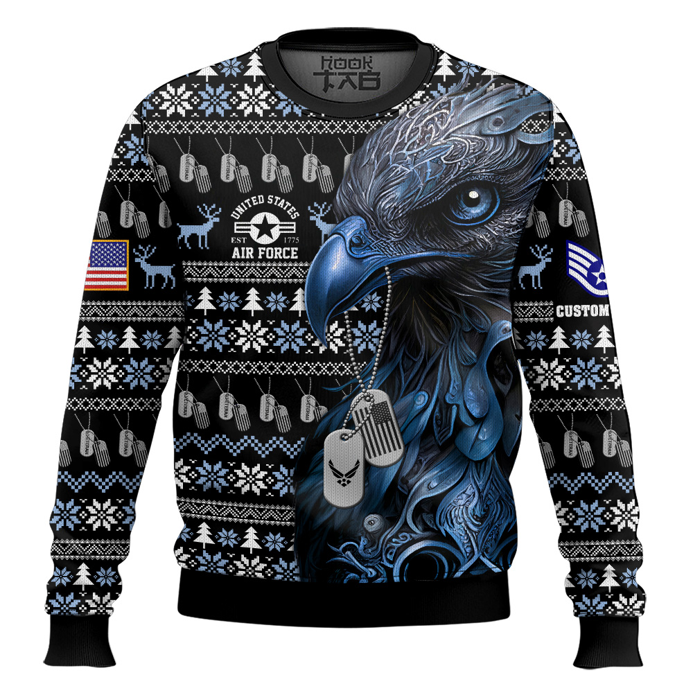 Hooktab US Air Force Liberty Eagle I Served My Country - Custom Name And Rank Ugly Sweater Hooktab US Air Force Liberty Eagle I Served My Country - Custom Name And Rank Ugly Sweater