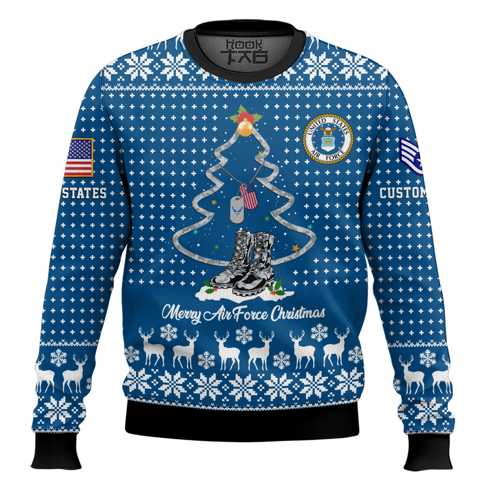 Hooktab US Air Force Merry Christmas - Custom Name And Rank Ugly Sweater Hooktab US Air Force Merry Christmas - Custom Name And Rank Ugly Sweater