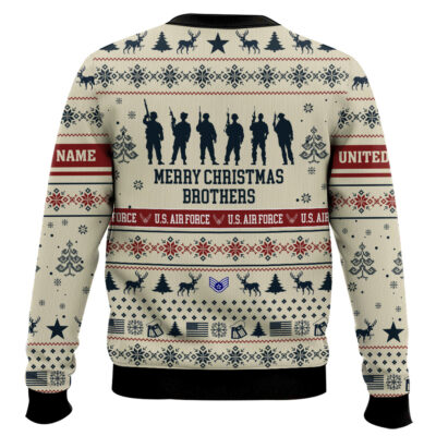 Hooktab US Air Force Merry Christmas Brothers – Custom Name And Rank Ugly Sweater