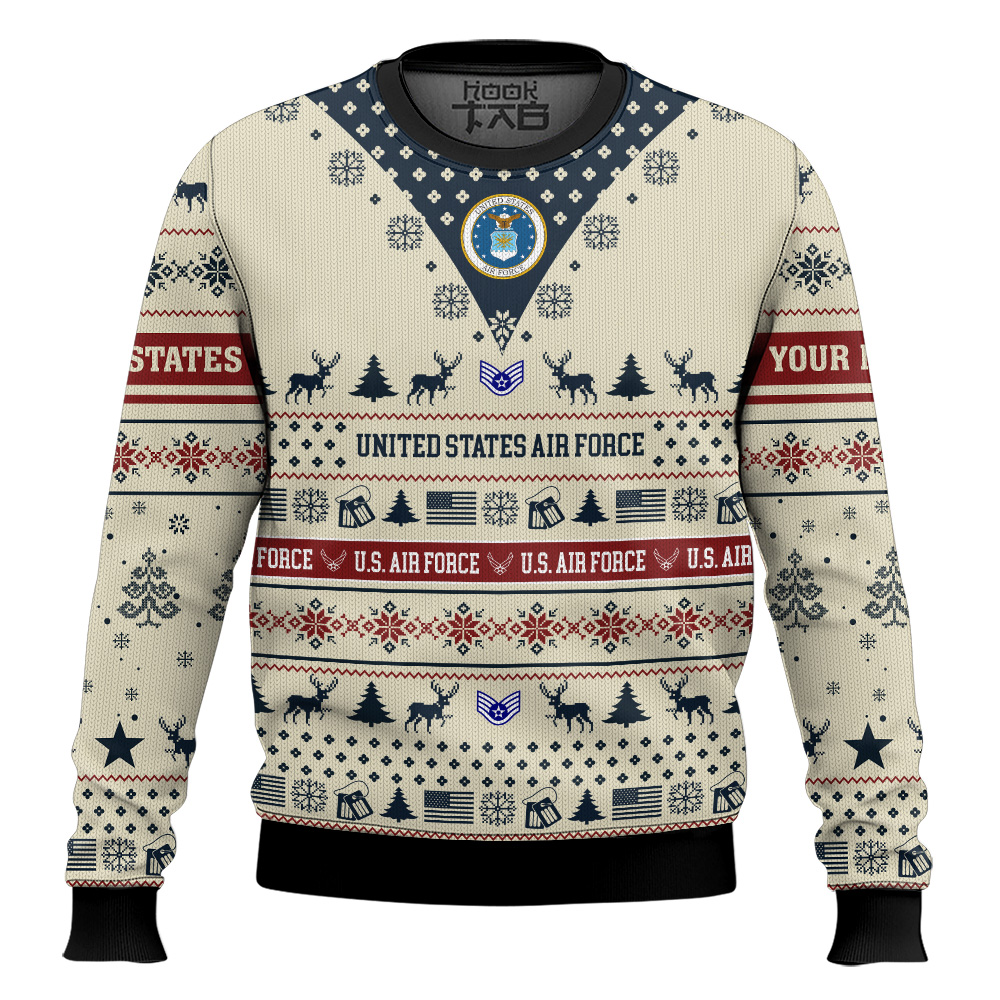Hooktab US Air Force Merry Christmas Brothers - Custom Name And Rank Ugly Sweater Hooktab US Air Force Merry Christmas Brothers - Custom Name And Rank Ugly Sweater