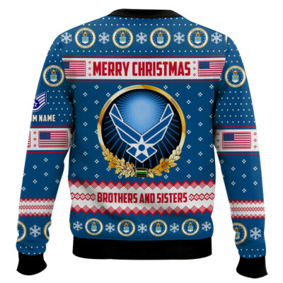 Hooktab US Air Force Merry Christmas Brothers And Sisters – Custom Name And Rank Ugly Sweater