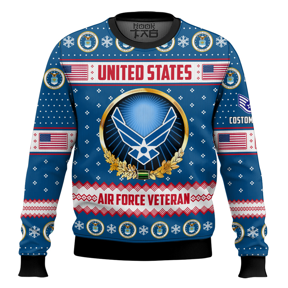 Hooktab US Air Force Merry Christmas Brothers And Sisters - Custom Name And Rank Ugly Sweater Hooktab US Air Force Merry Christmas Brothers And Sisters - Custom Name And Rank Ugly Sweater