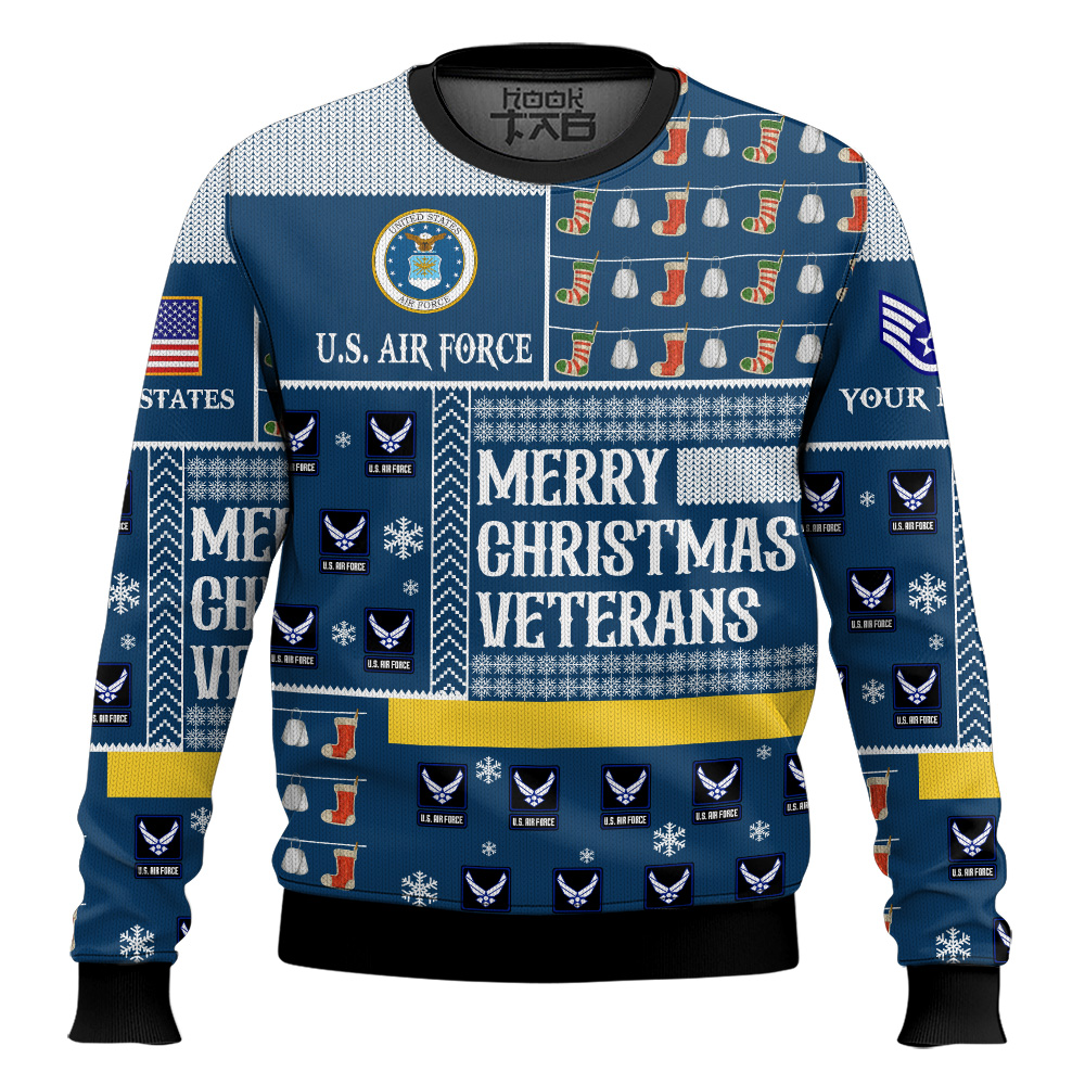 Hooktab US Air Force Merry Christmas Veterans - Custom Name And Rank Ugly Sweater Hooktab US Air Force Merry Christmas Veterans - Custom Name And Rank Ugly Sweater