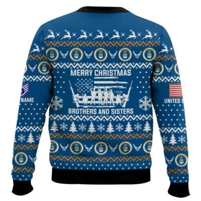 Hooktab US Air Force Merry Xmas Brothers And Sisters – Custom Name And Rank Ugly Sweater