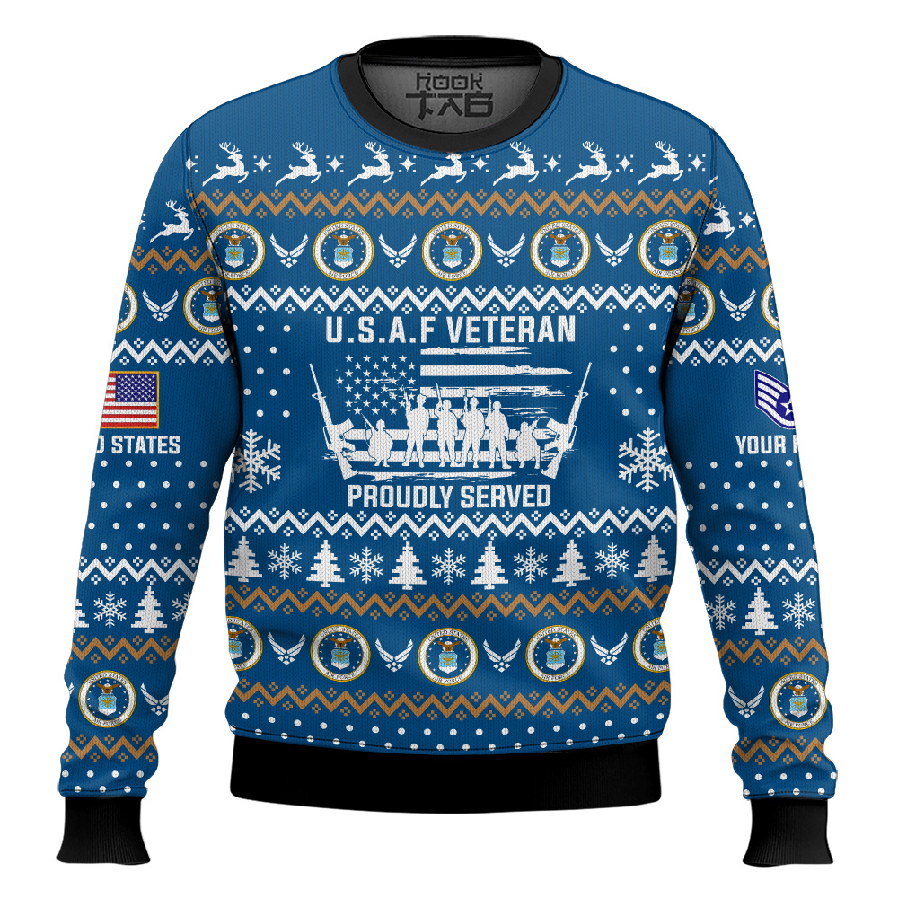 Hooktab US Air Force Merry Xmas Brothers And Sisters - Custom Name And Rank Ugly Sweater Hooktab US Air Force Merry Xmas Brothers And Sisters - Custom Name And Rank Ugly Sweater