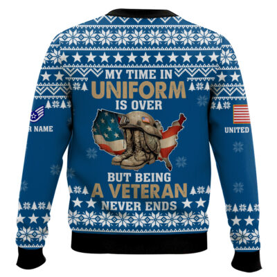 Hooktab US Air Force My Time In Uniform Is Over But Being A Veteran Never Ends – Custom Name And Rank Ugly Sweater