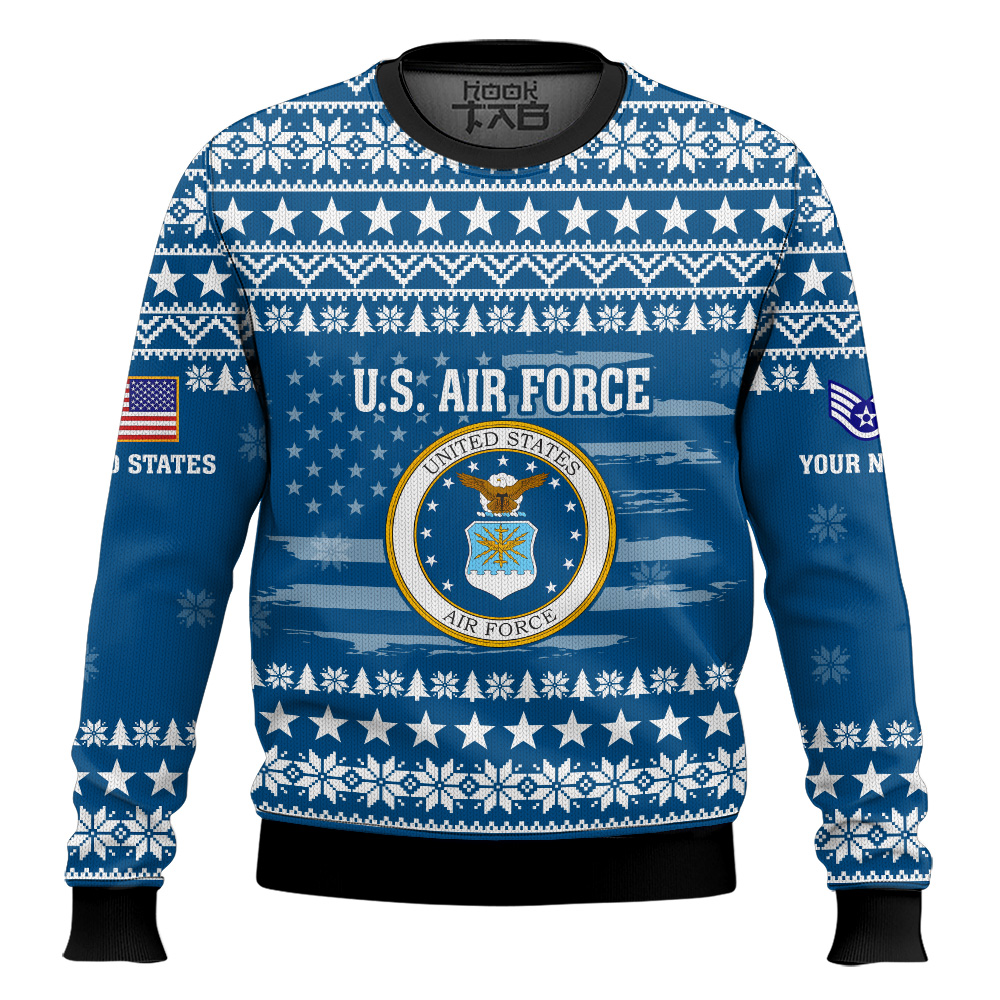 Hooktab US Air Force My Time In Uniform Is Over But Being A Veteran Never Ends - Custom Name And Rank Ugly Sweater Hooktab US Air Force My Time In Uniform Is Over But Being A Veteran Never Ends - Custom Name And Rank Ugly Sweater