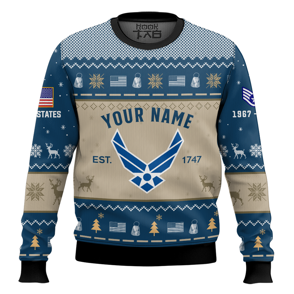 Hooktab US Air Force Proud Motto - Custom Name, Rank And Years Of Service Ugly Sweater Hooktab US Air Force Proud Motto - Custom Name, Rank And Years Of Service Ugly Sweater