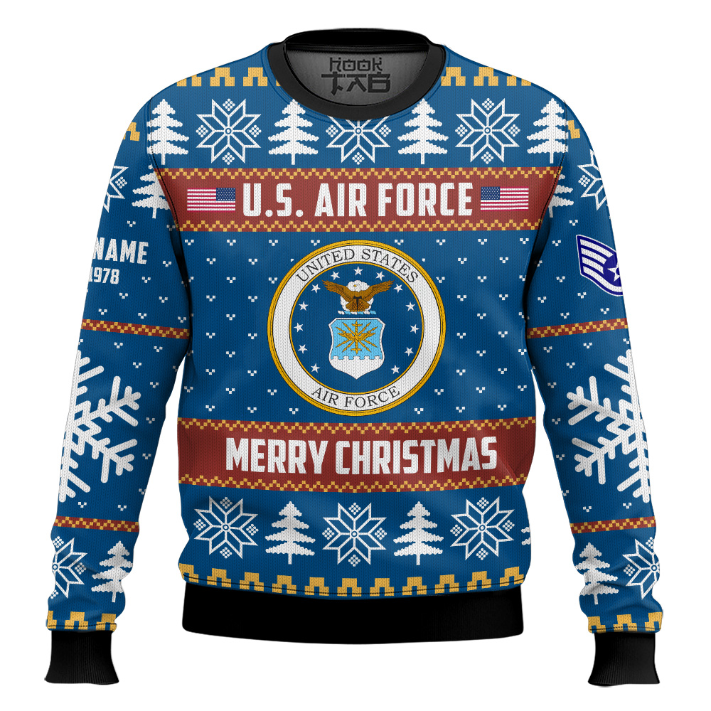 Hooktab US Air Force Proud Veteran - Custom Name, Rank And Years Of Service Ugly Sweater Hooktab US Air Force Proud Veteran - Custom Name, Rank And Years Of Service Ugly Sweater
