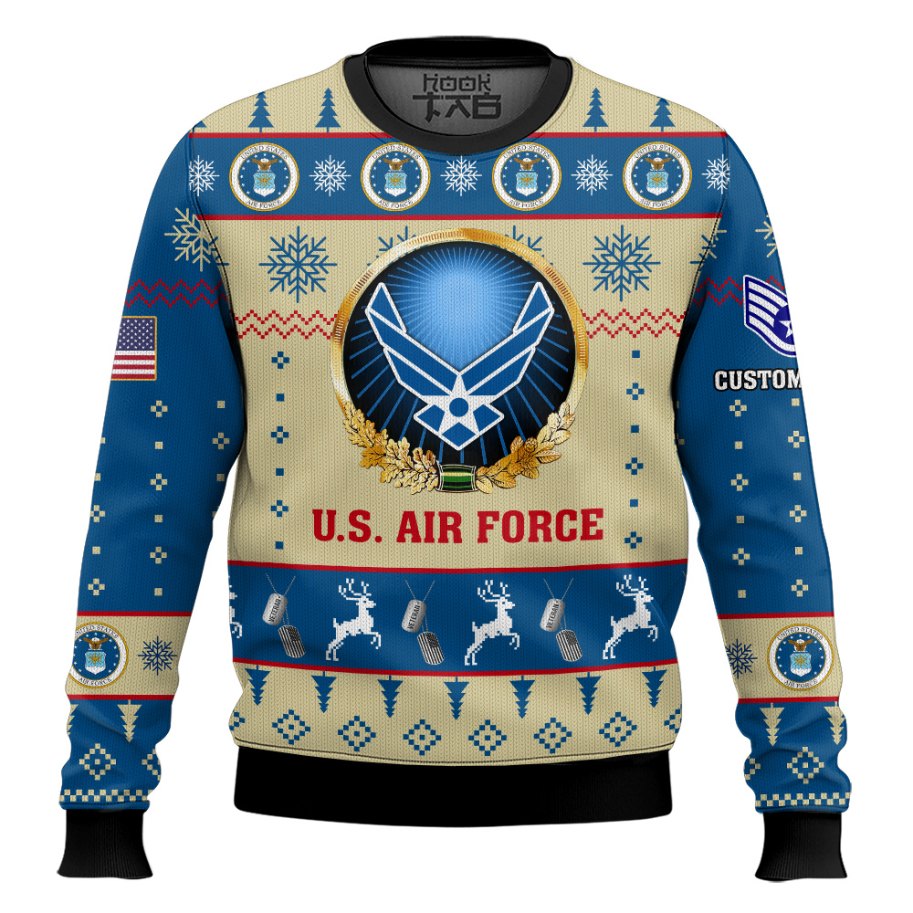 Hooktab US Air Force Proudly Served - Custom Name And Rank Ugly Sweater Hooktab US Air Force Proudly Served - Custom Name And Rank Ugly Sweater