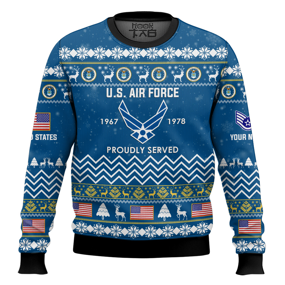 Hooktab US Air Force Proudly Served Veteran - Custom Name, Rank And Years Of Service Ugly Sweater Hooktab US Air Force Proudly Served Veteran - Custom Name, Rank And Years Of Service Ugly Sweater