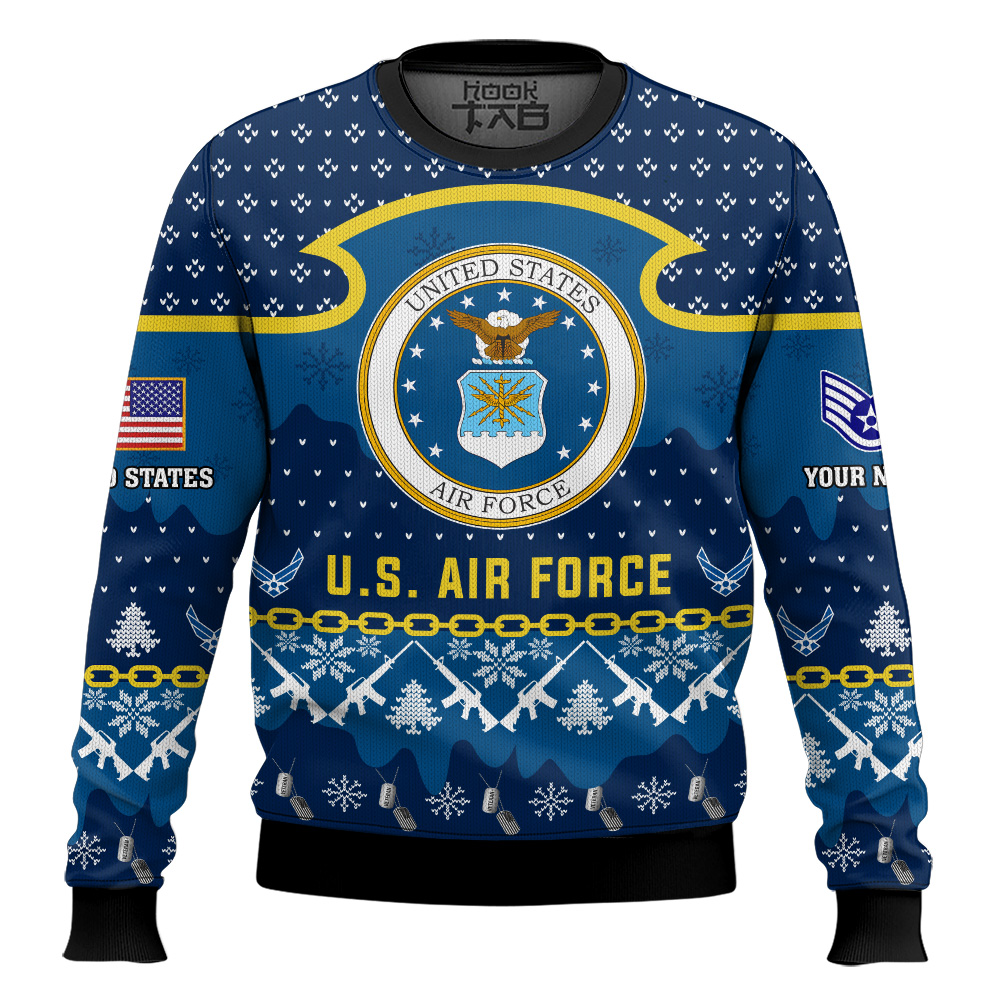 Hooktab US Air Force Santa's Favorite Veteran - Custom Name And Rank Ugly Sweater Hooktab US Air Force Santa's Favorite Veteran - Custom Name And Rank Ugly Sweater