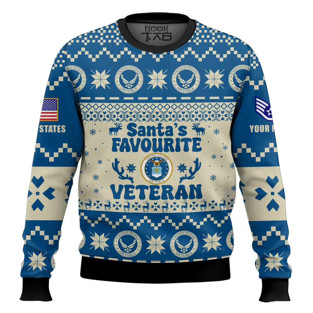 Hooktab US Air Force Santa's Favourite Veterans - Custom Name And Rank Ugly Sweater Hooktab US Air Force Santa's Favourite Veterans - Custom Name And Rank Ugly Sweater
