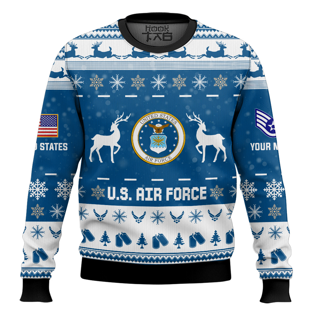 Hooktab US Air Force This Christmas R.E.D - Custom Name And Rank Ugly Sweater Hooktab US Air Force This Christmas R.E.D - Custom Name And Rank Ugly Sweater