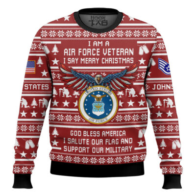 US Air Force Veteran Merry Christmas - Custom Name And Rank Ugly Sweater