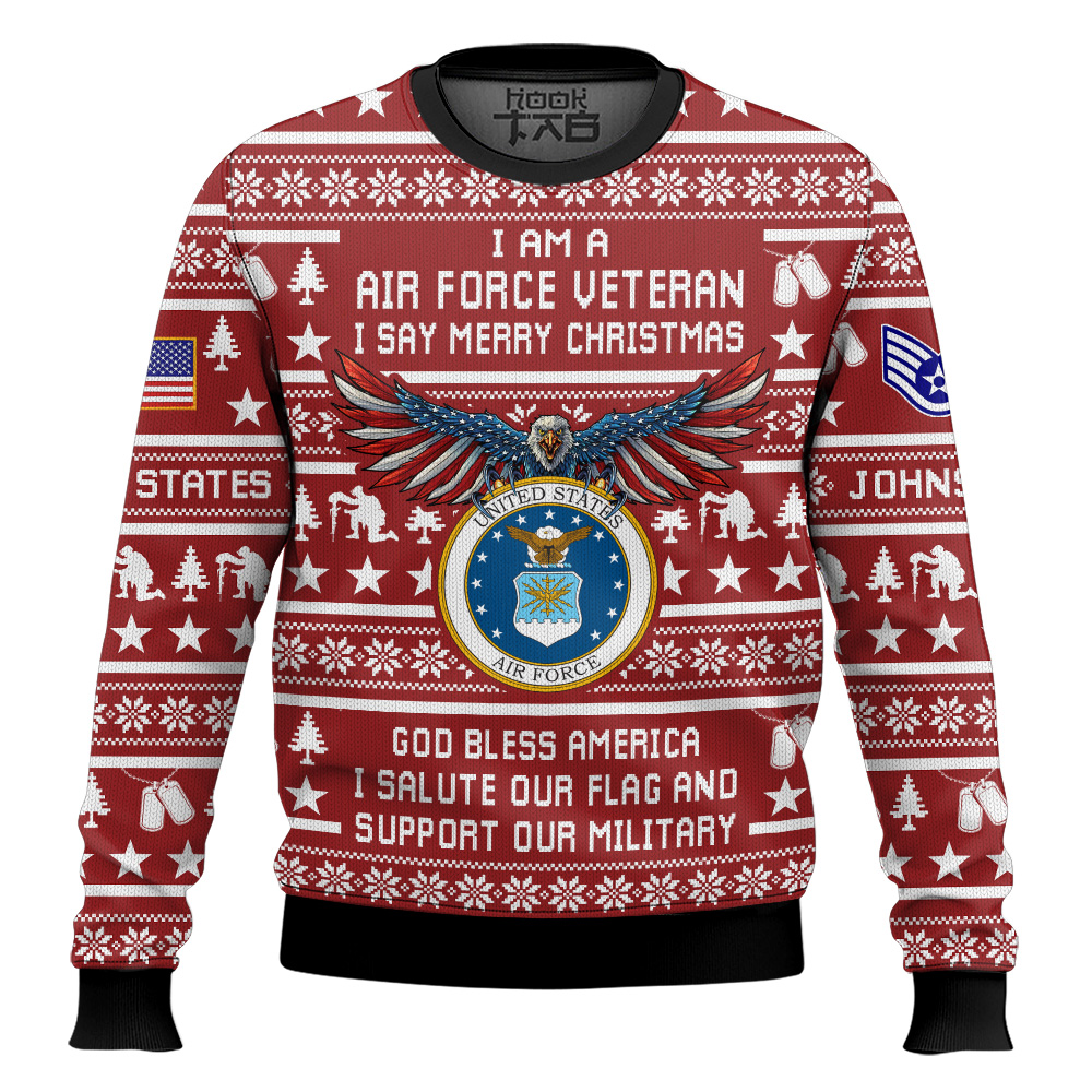 Hooktab US Air Force Veteran Merry Christmas - Custom Name And Rank Ugly Sweater Hooktab US Air Force Veteran Merry Christmas - Custom Name And Rank Ugly Sweater