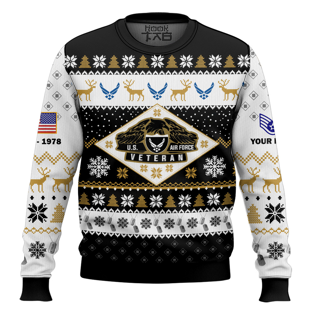 Hooktab US Air Force Veterans - Custom Name, Rank And Years Of Service Ugly Sweater Hooktab US Air Force Veterans - Custom Name, Rank And Years Of Service Ugly Sweater