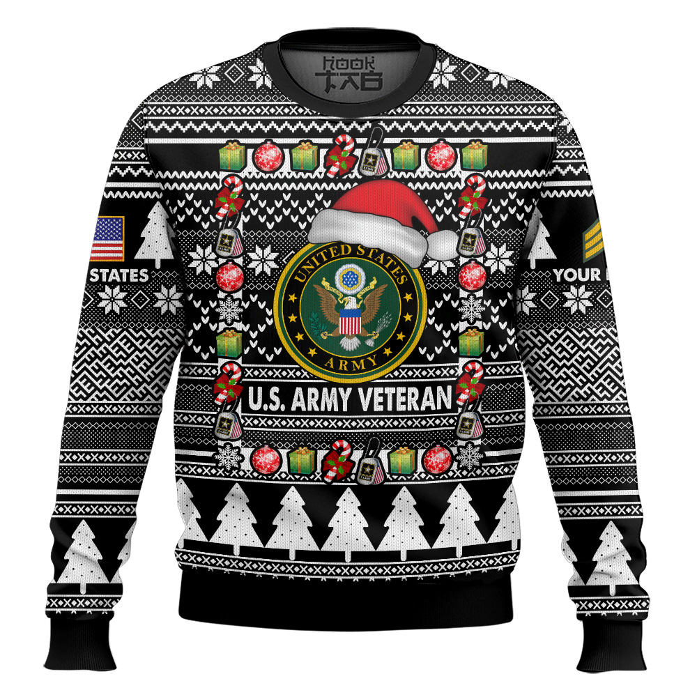 Hooktab US Army I'm A Veteran, Of Course I'm On The Nice List - Custom Name And Rank Ugly Sweater Hooktab US Army I'm A Veteran, Of Course I'm On The Nice List - Custom Name And Rank Ugly Sweater