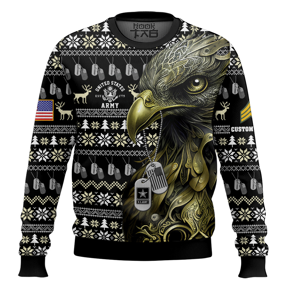 Hooktab US Army Liberty Eagle I Served My Country - Custom Name And Rank Ugly Sweater Hooktab US Army Liberty Eagle I Served My Country - Custom Name And Rank Ugly Sweater