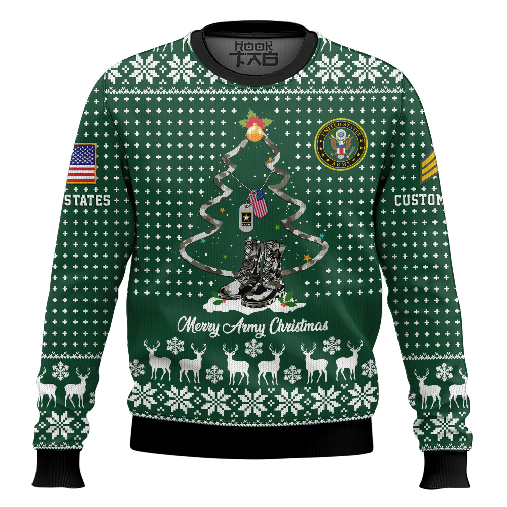 Hooktab US Army Merry Christmas - Custom Name And Rank Ugly Sweater Hooktab US Army Merry Christmas - Custom Name And Rank Ugly Sweater
