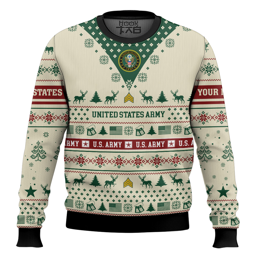 Hooktab US Army Merry Christmas Brothers - Custom Name And Rank Ugly Sweater Hooktab US Army Merry Christmas Brothers - Custom Name And Rank Ugly Sweater