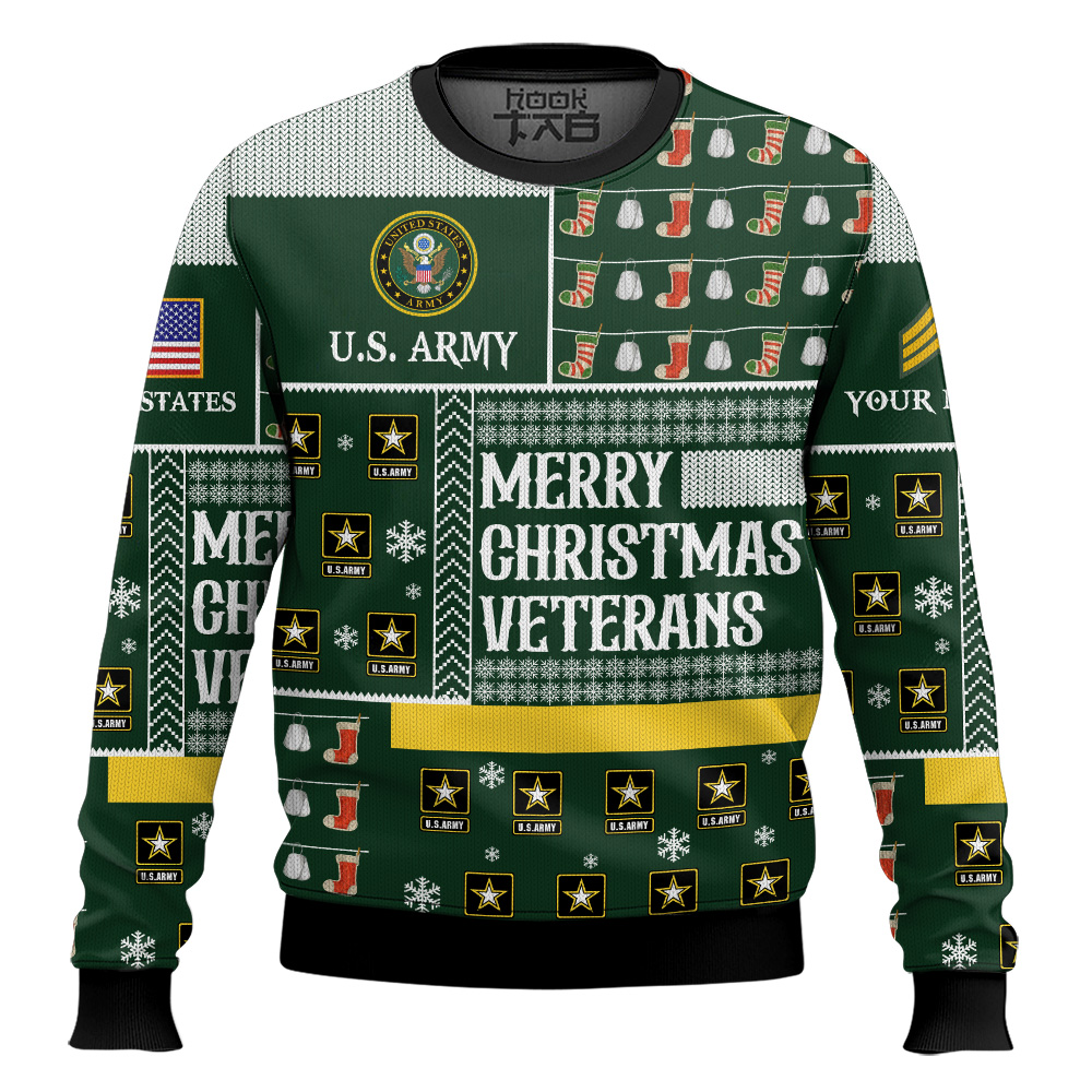 Hooktab US Army Merry Christmas Veterans - Custom Name And Rank Ugly Sweater Hooktab US Army Merry Christmas Veterans - Custom Name And Rank Ugly Sweater